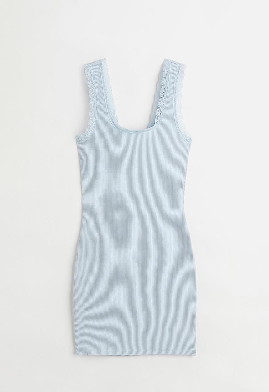 H&M - Lace-trimmed ribbed dress - light blue