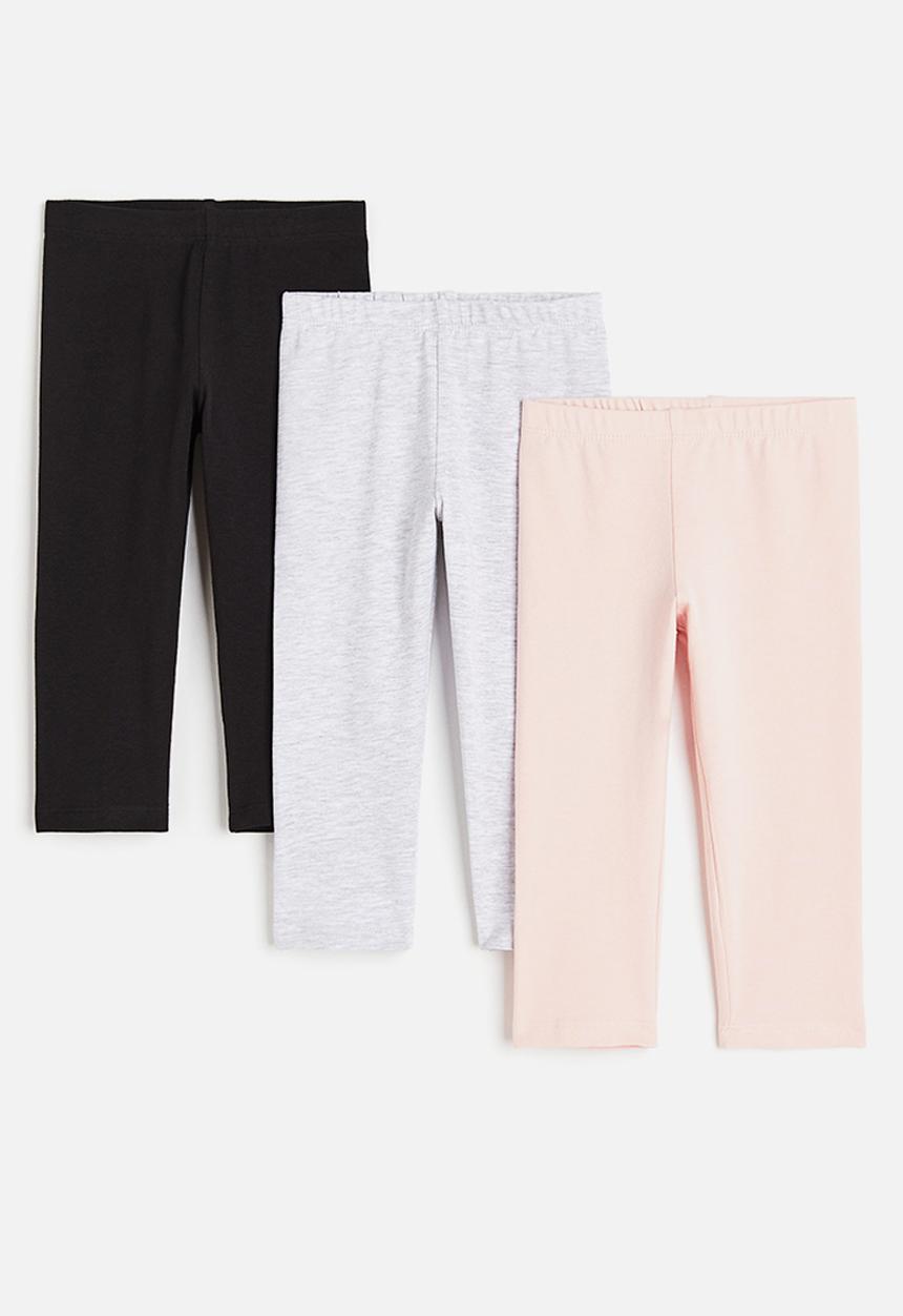 H&M - 3-pack cotton leggings - black, grey & pink