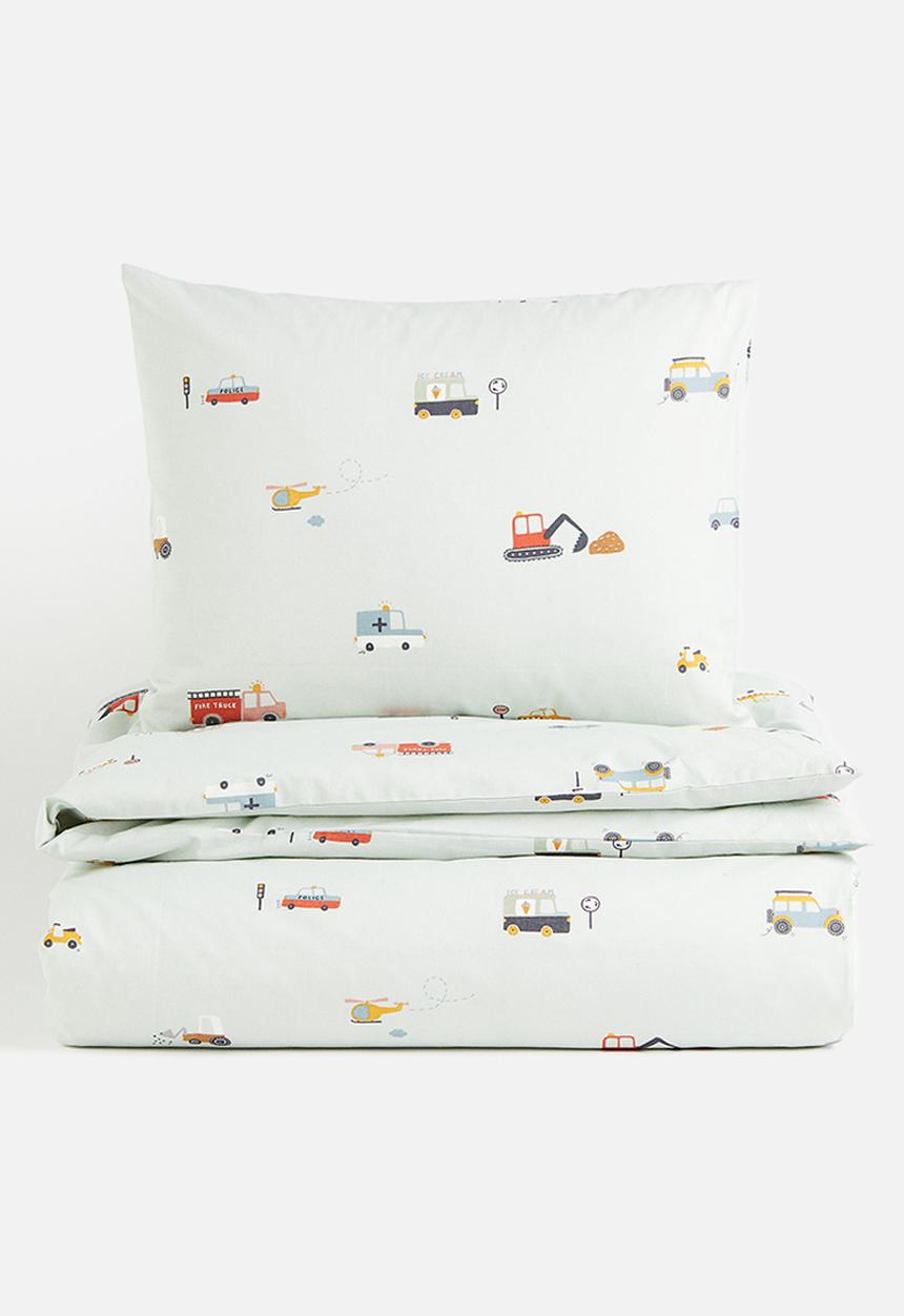 H&M - Patterned single duvet cover set - light green vehicles