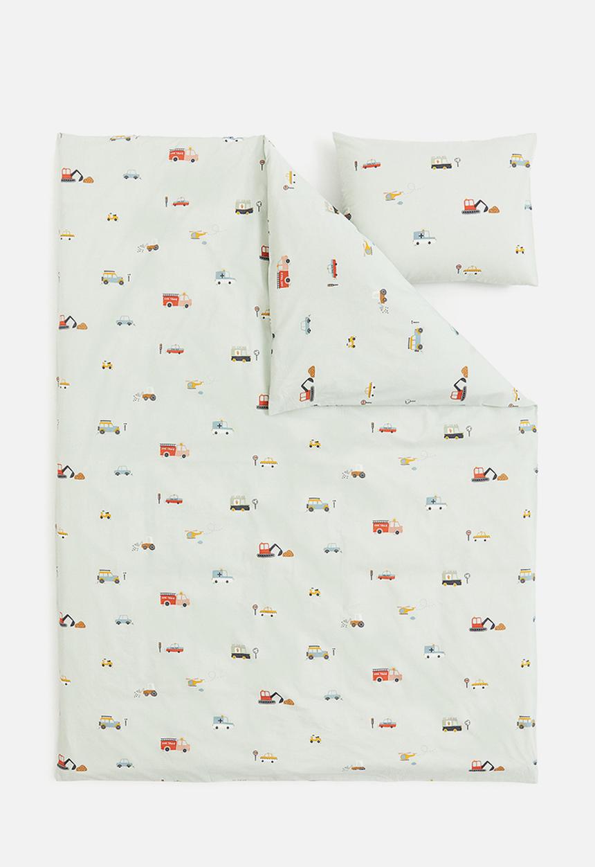 H&M - Patterned single duvet cover set - light green vehicles