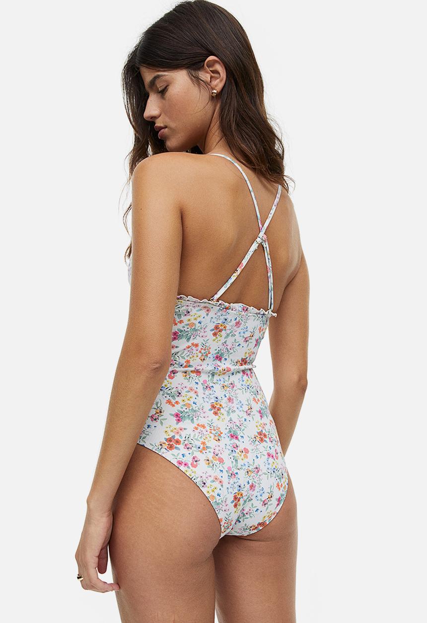 H&M - Padded-cup swimsuit - white floral 