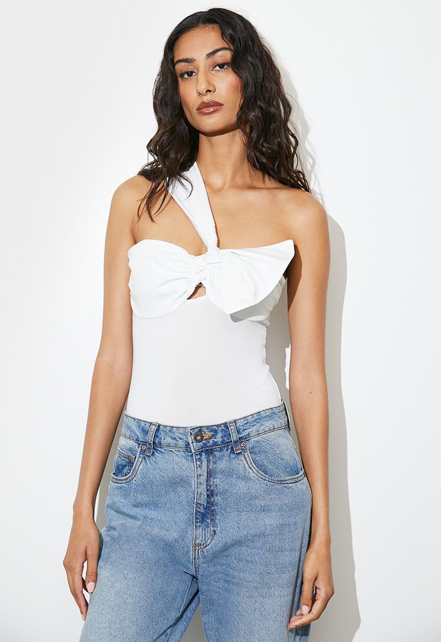 VELVET - Asymmetric woven combo bodysuit - white