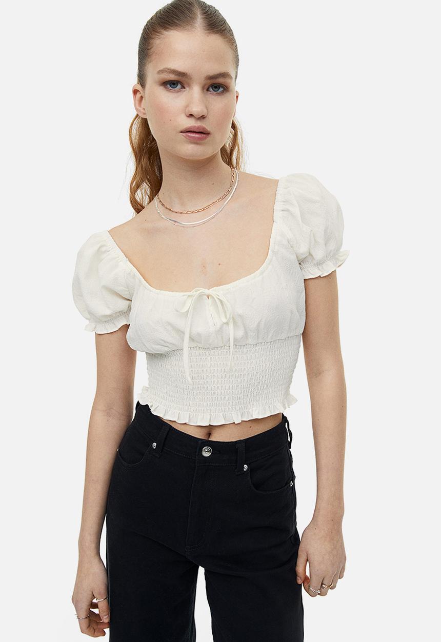 H&M - Puff-sleeved smocked blouse - cream 