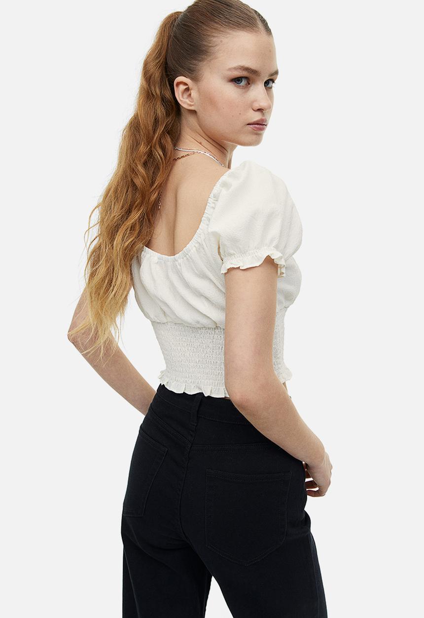H&M - Puff-sleeved smocked blouse - cream 