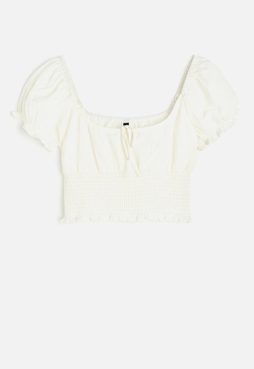 H&M - Puff-sleeved smocked blouse - cream 