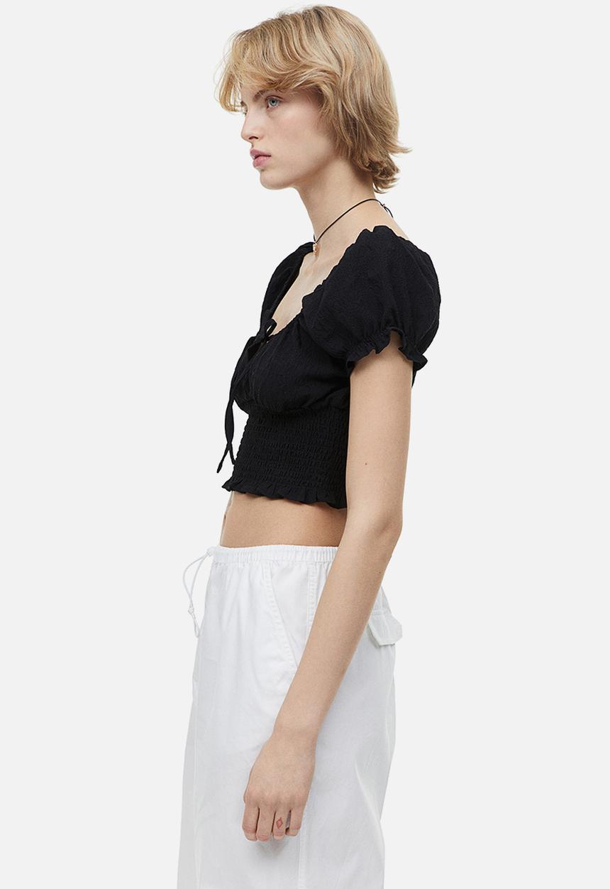 H&M - Puff-sleeved smocked blouse - black