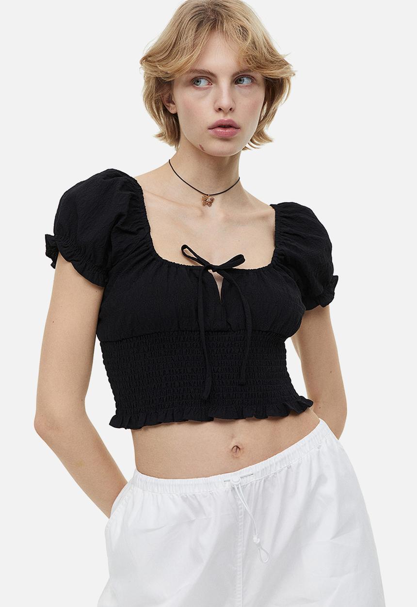 H&M - Puff-sleeved smocked blouse - black