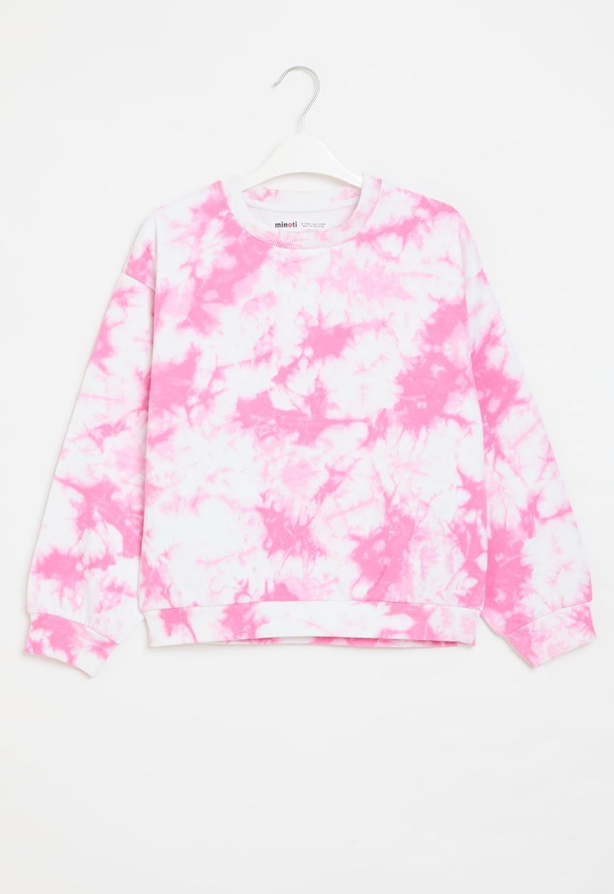 MINOTI - Girls basic pink tie dye fleece crew - pink 