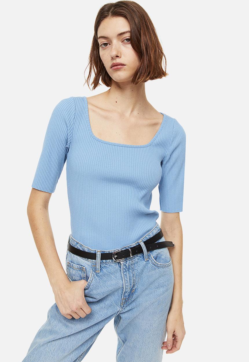 H&M - Ribbed jersey top - light blue 
