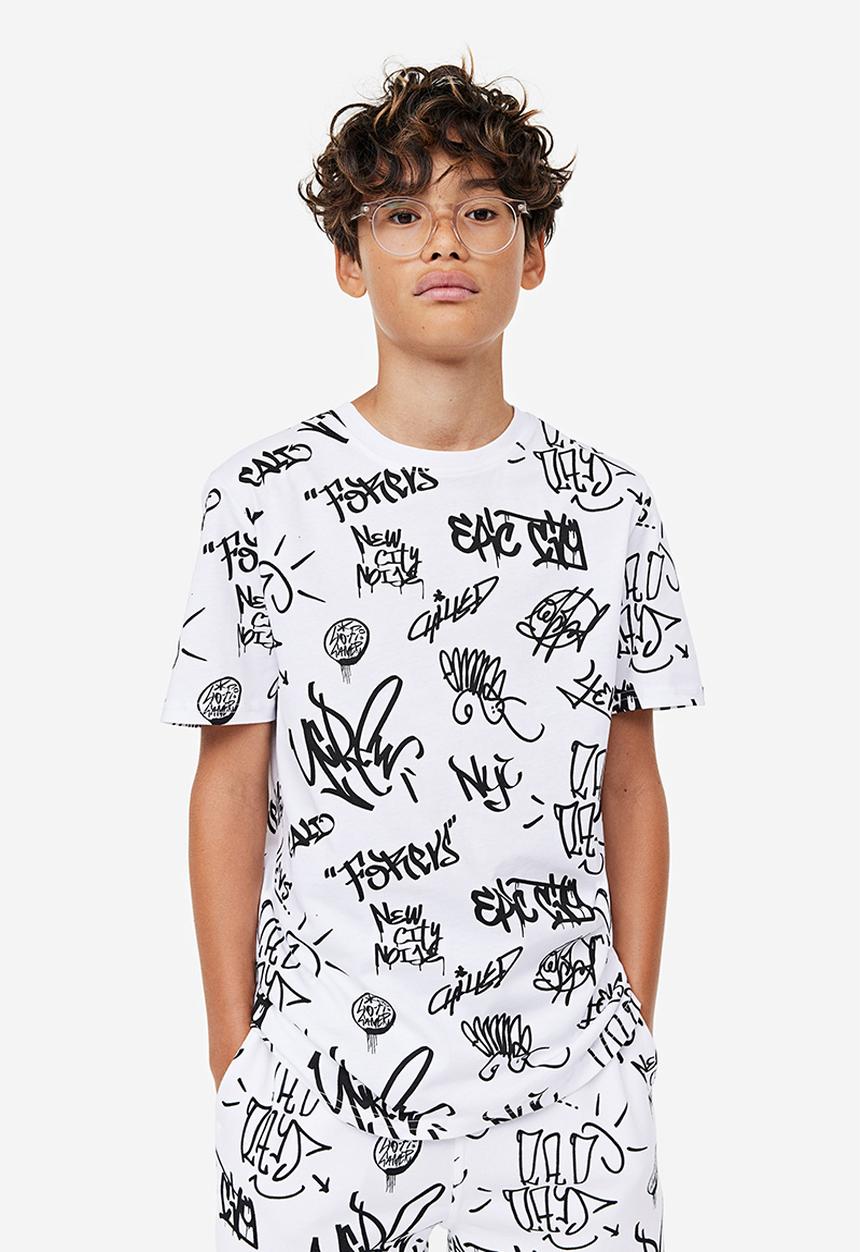 H&M - Printed cotton t-shirt - white / scribble 
