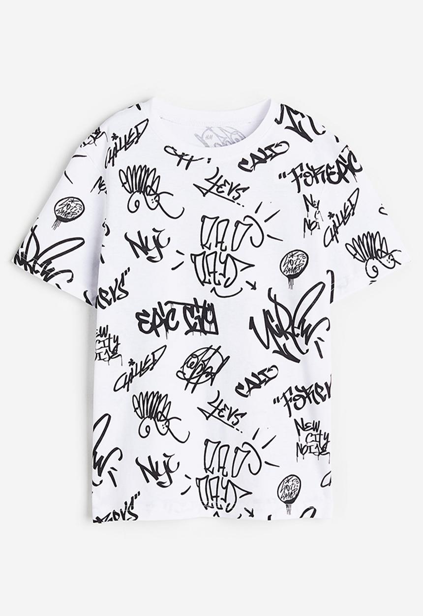 H&M - Printed cotton t-shirt - white / scribble 