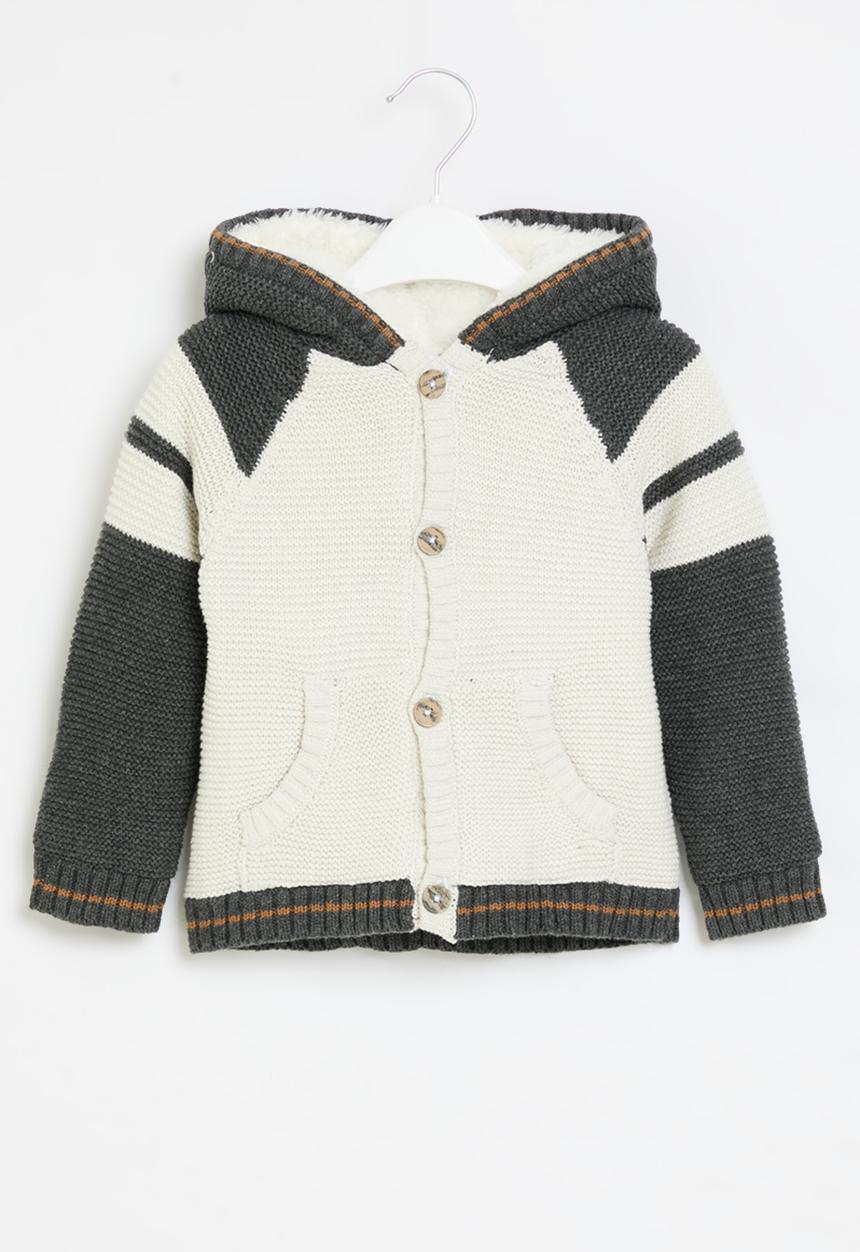 MINOTI - Knitted hooded button thru cardigan - white & grey