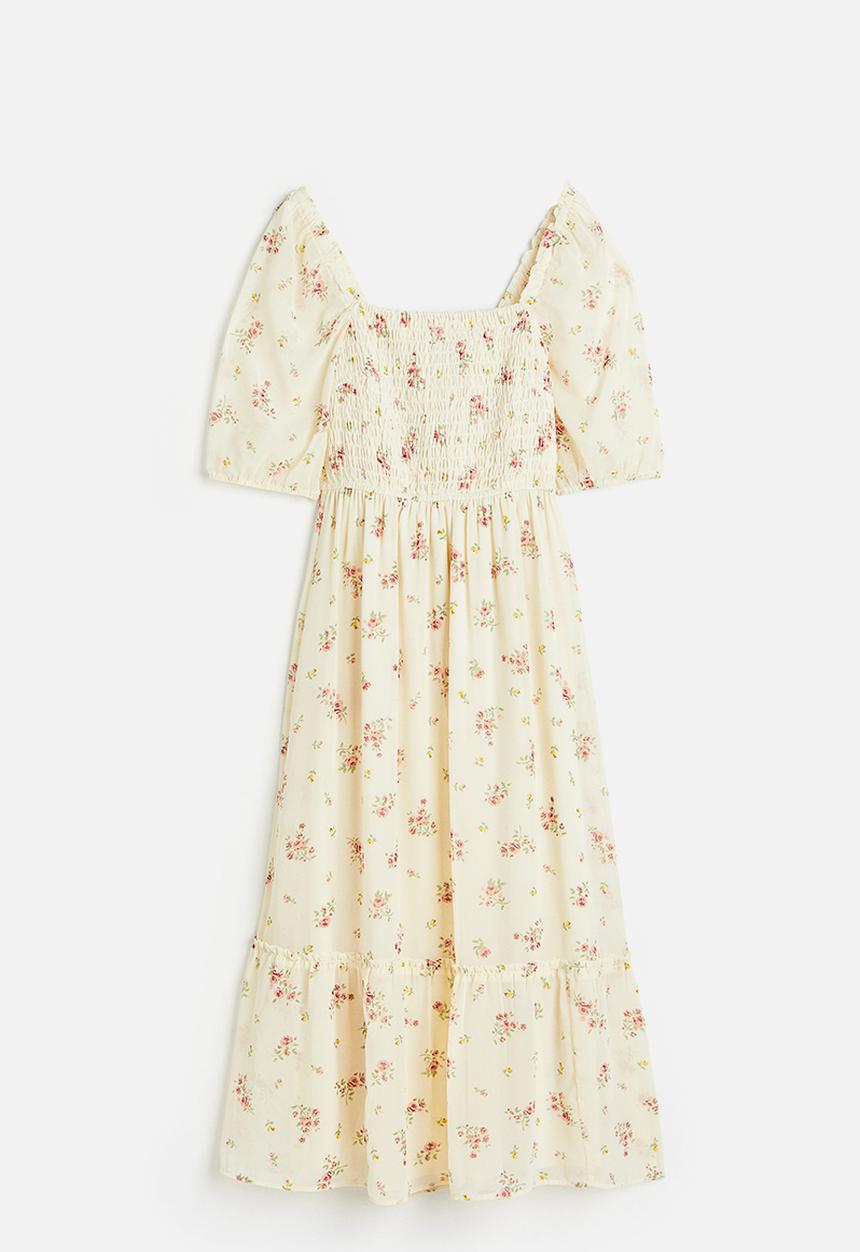 H&M - Puff-sleeved smocked dress - light beige floral