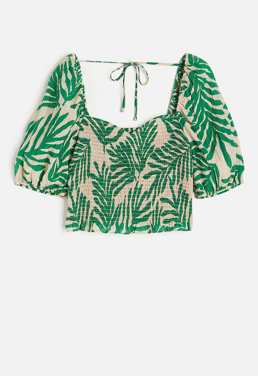 H&M - Smocked top - light beige leaf-patterned 