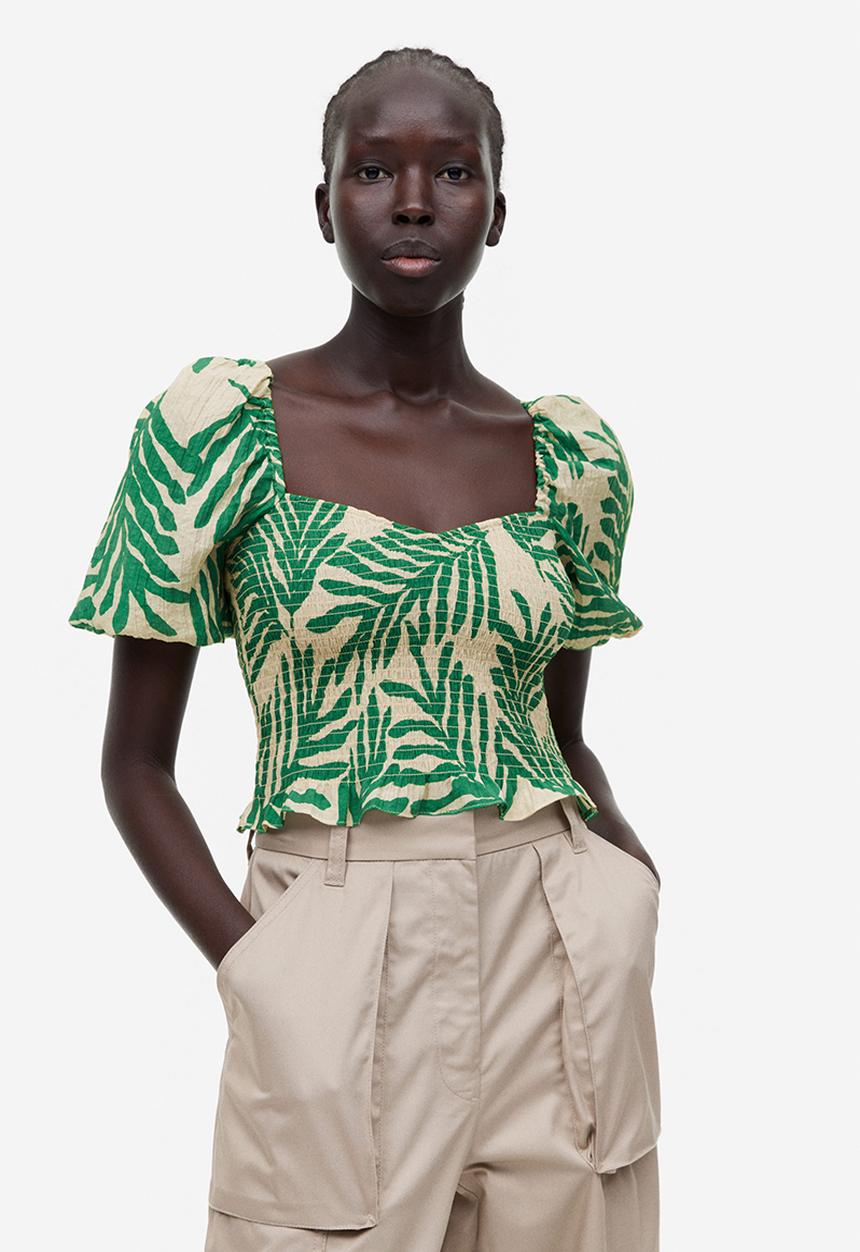 H&M - Smocked top - light beige leaf-patterned 