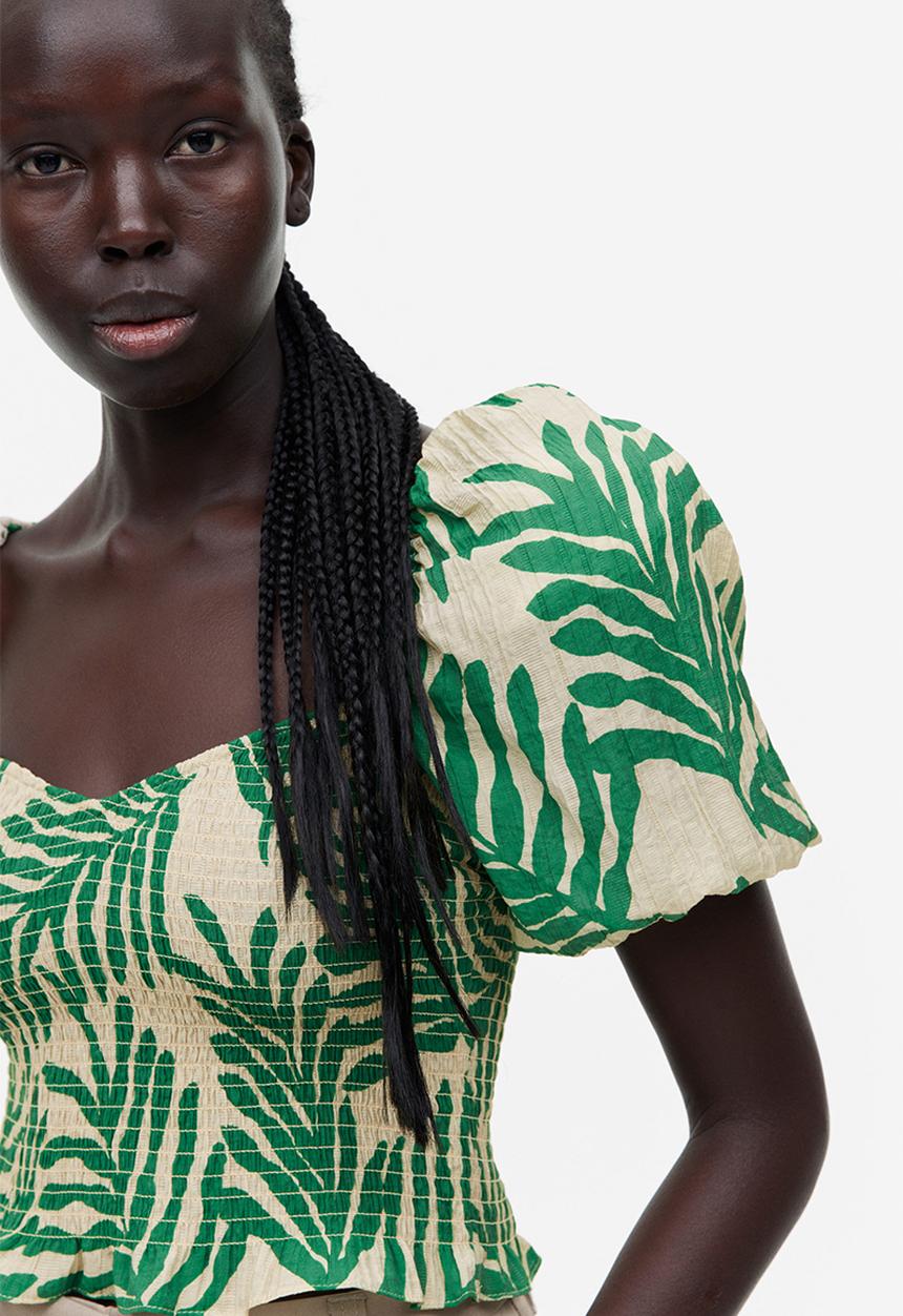 H&M - Smocked top - light beige leaf-patterned 