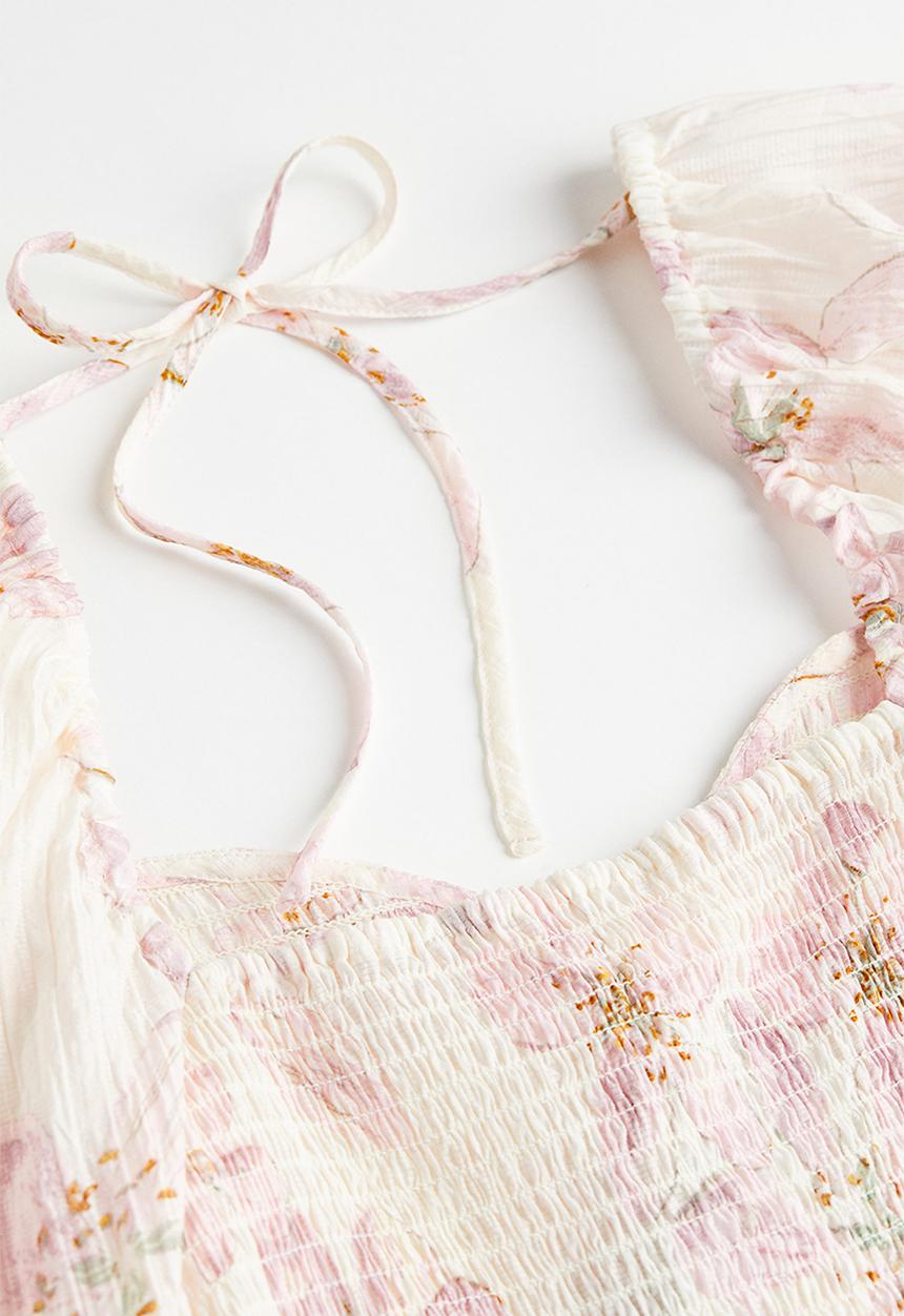 H&M - Smocked top - cream & pink floral 
