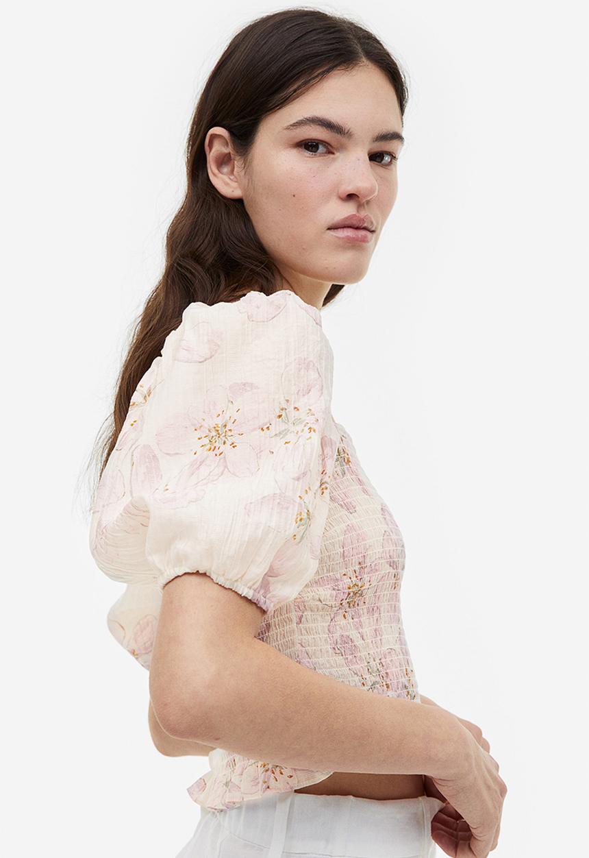 H&M - Smocked top - cream & pink floral 