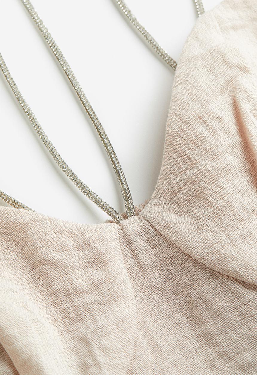 H&M - Rhinestone-strap crop top - light beige