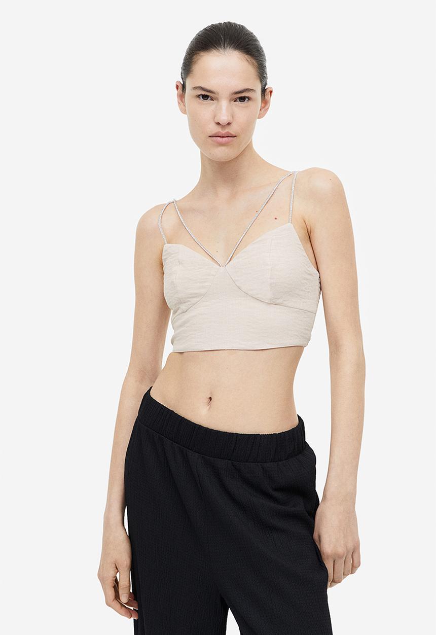 H&M - Rhinestone-strap crop top - light beige