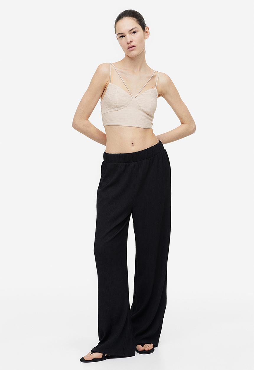 H&M - Rhinestone-strap crop top - light beige
