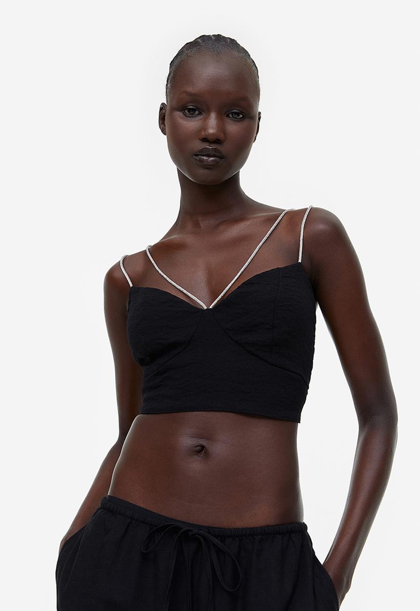 H&M - Rhinestone-strap crop top - black rhinestones