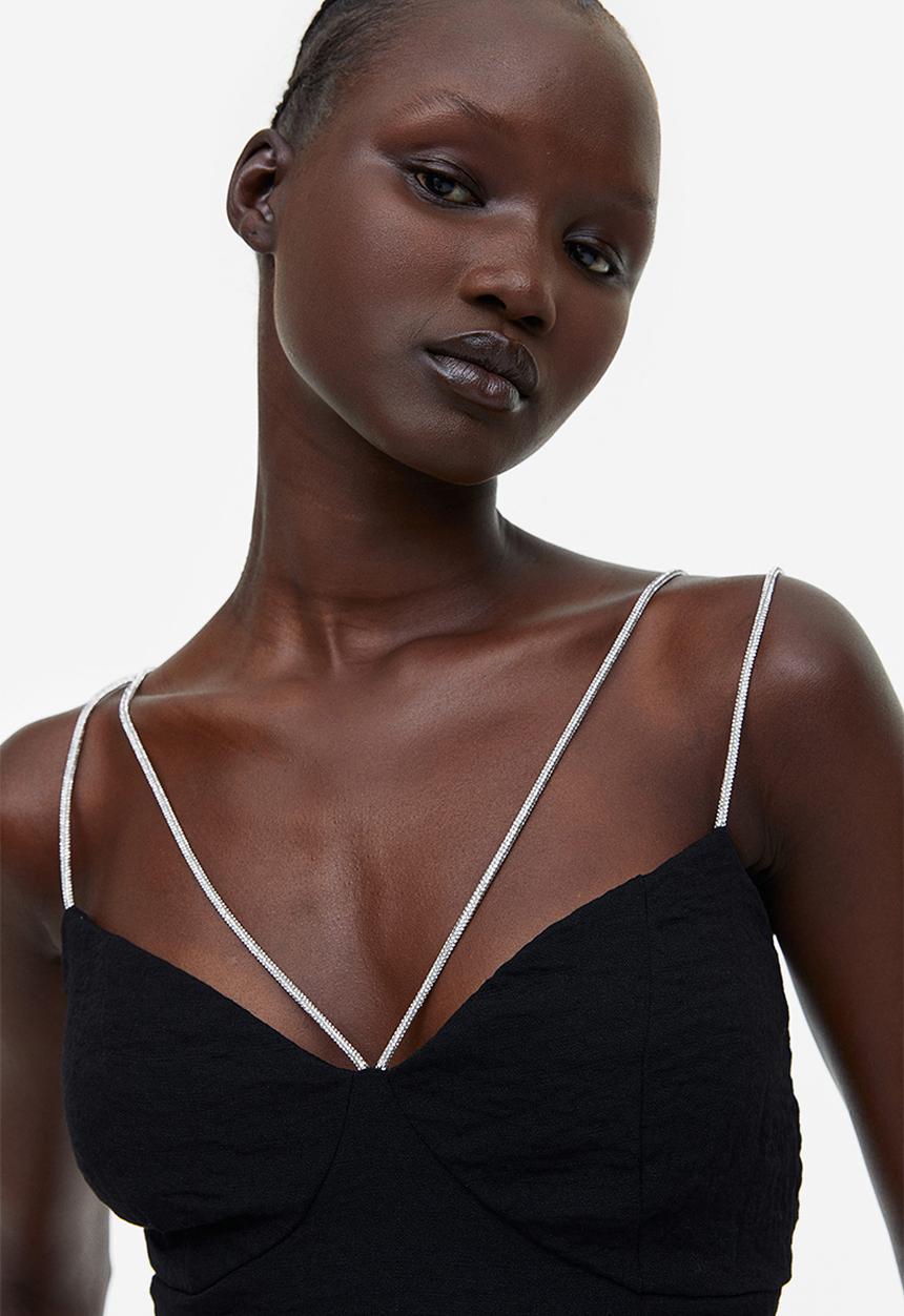 H&M - Rhinestone-strap crop top - black rhinestones