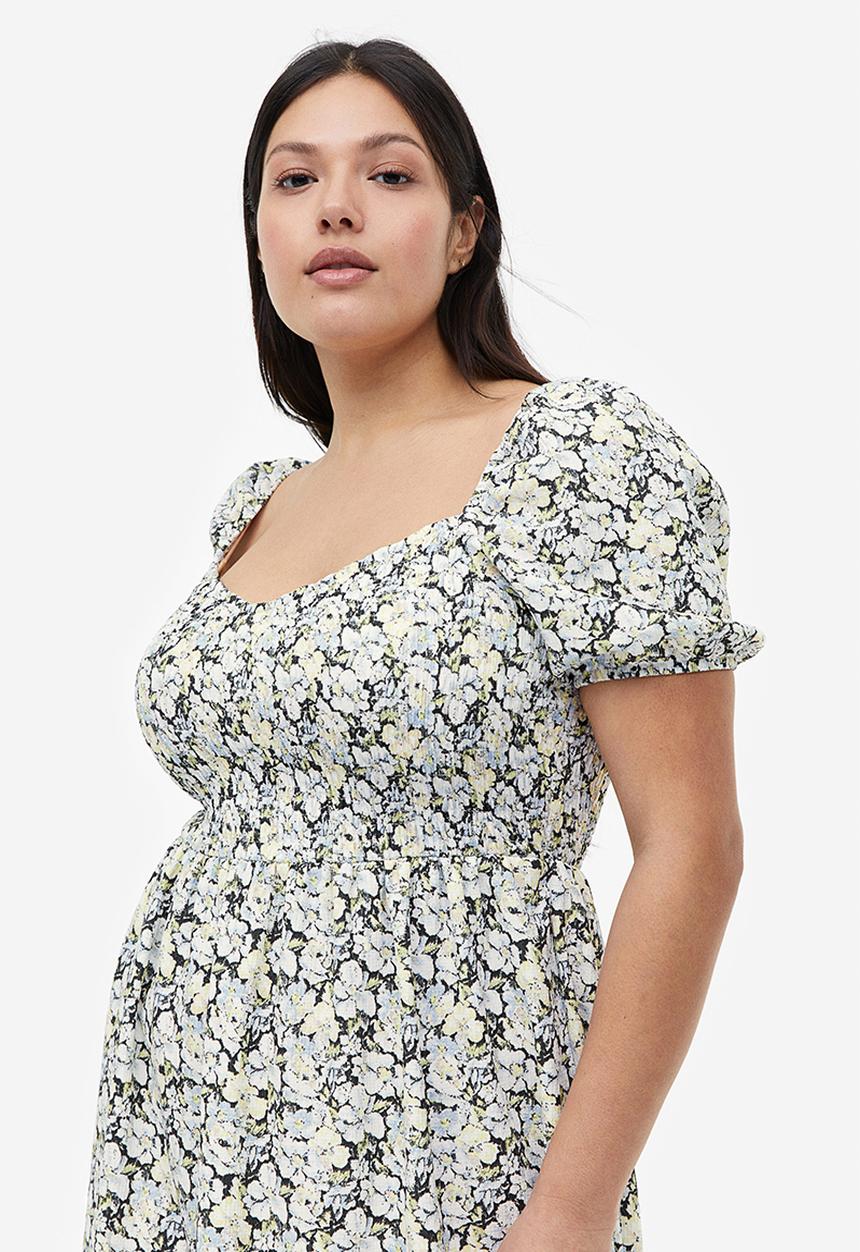 H&M - Puff-sleeved textured jersey dress - light blue floral 