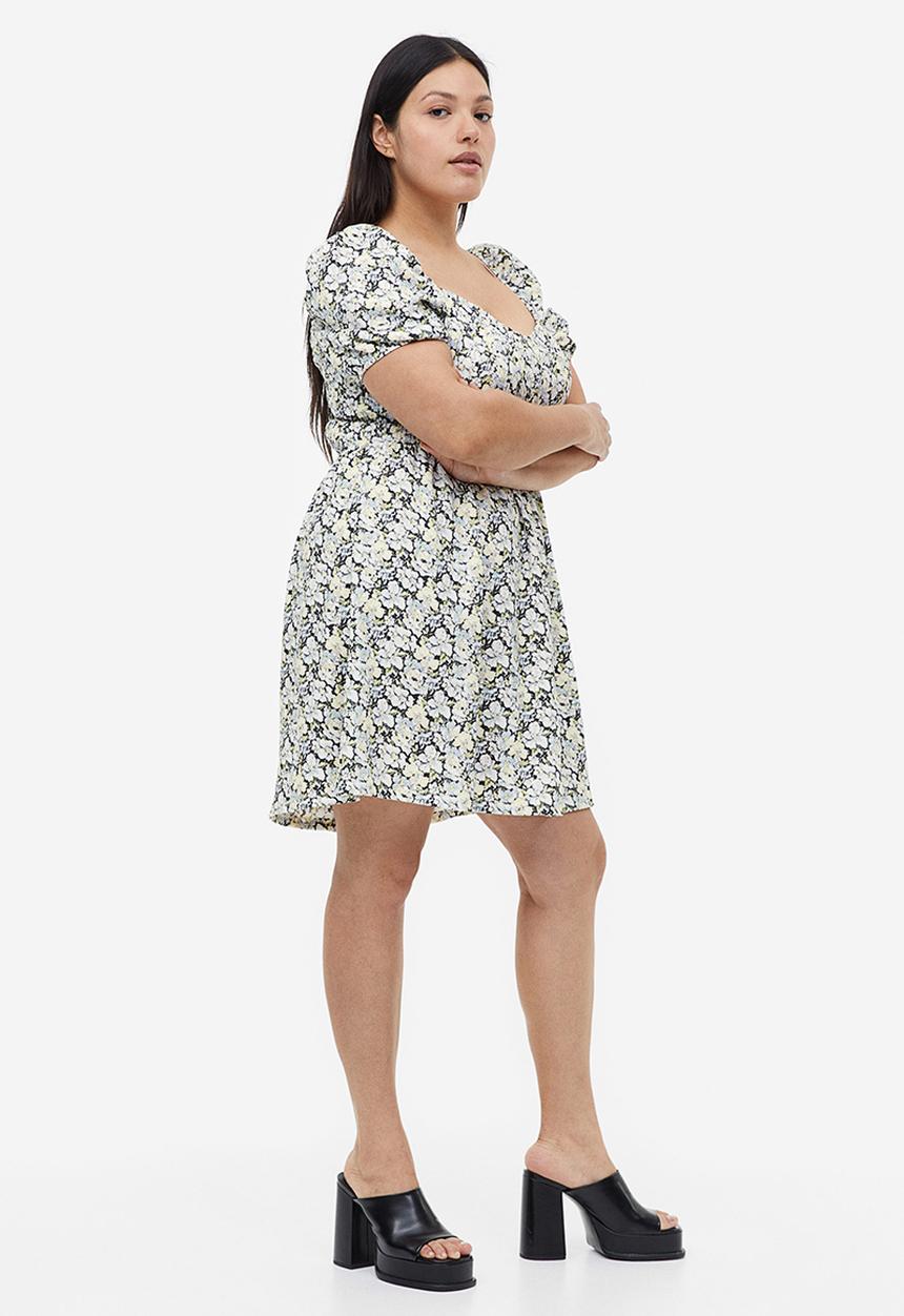 H&M - Puff-sleeved textured jersey dress - light blue floral 