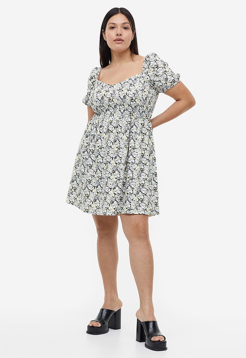 H&M - Puff-sleeved textured jersey dress - light blue floral 