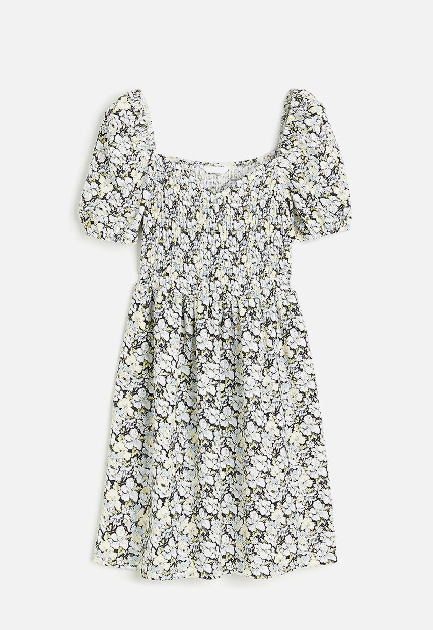 H&M - Puff-sleeved textured jersey dress - light blue floral 
