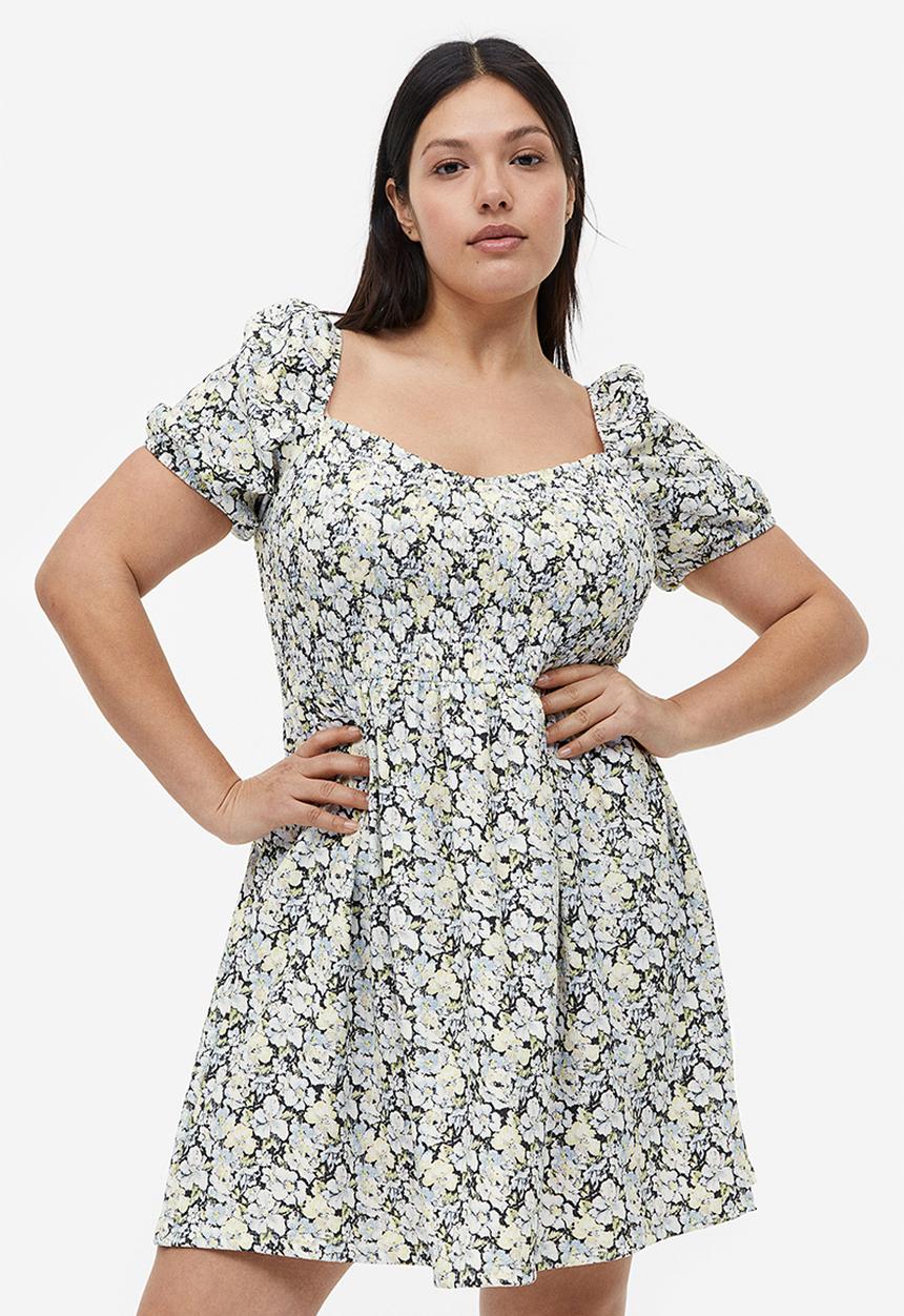 H&M - Puff-sleeved textured jersey dress - light blue floral 