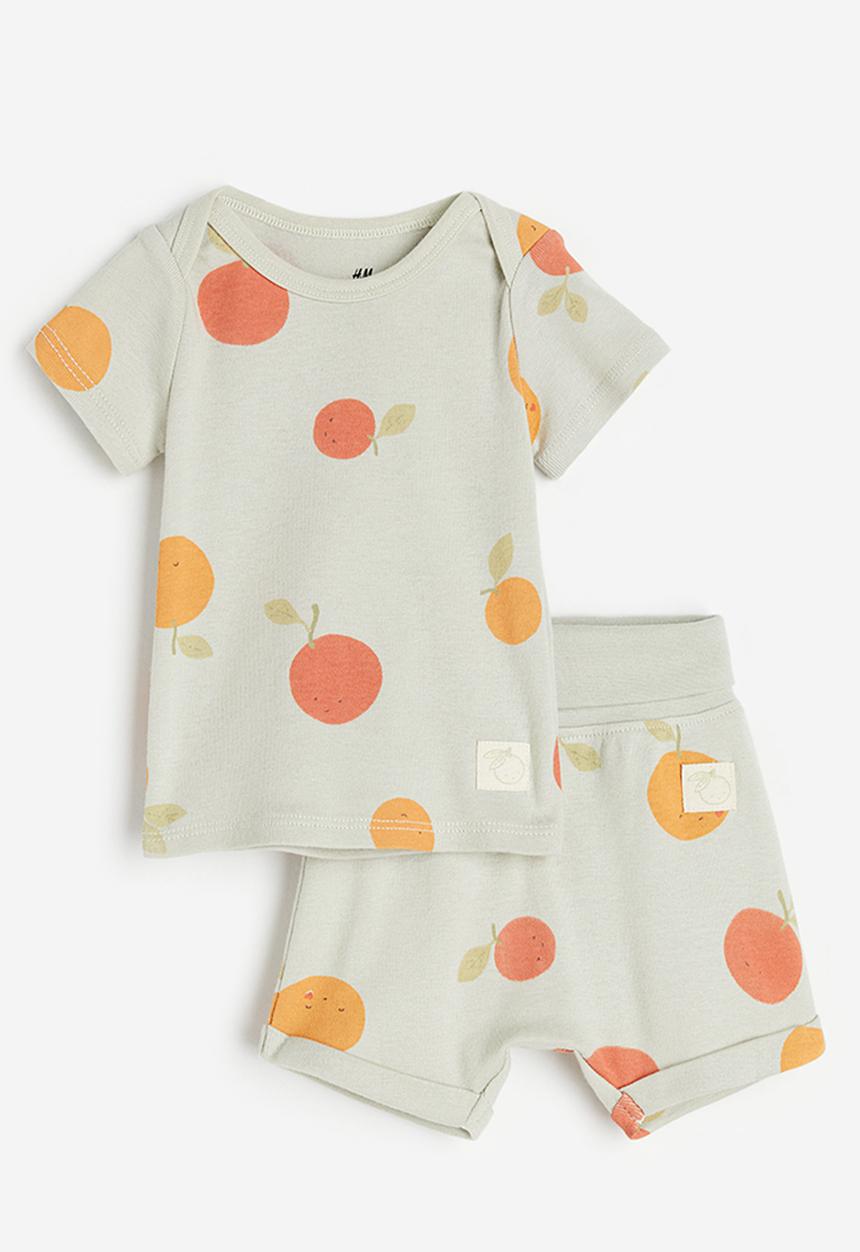 H&M - 2-piece cotton set - light dusky green / fruits 