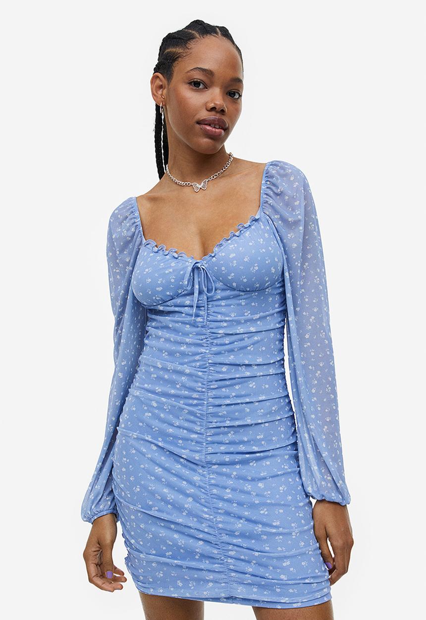 H&M - Gathered mesh dress - light blue floral