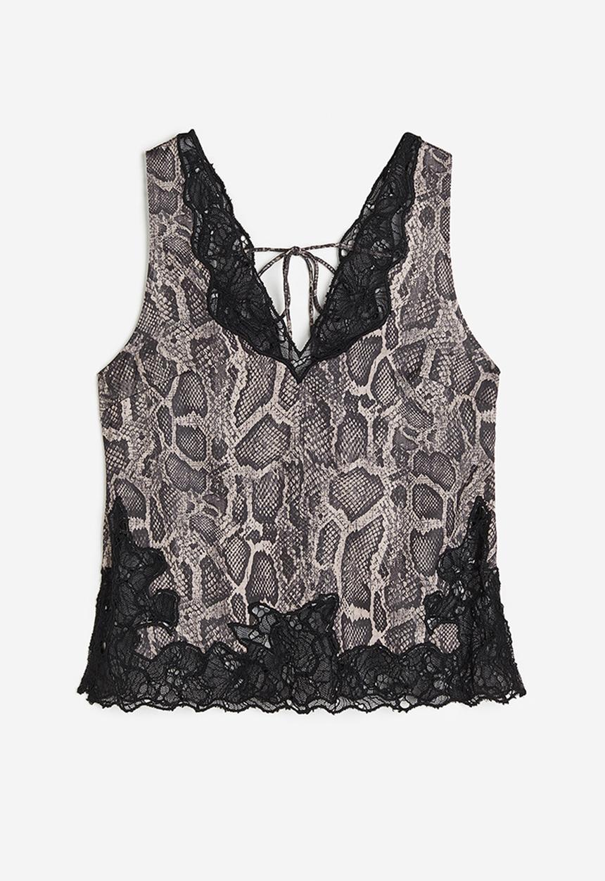 H&M - Lace-detail satin top - brown snakeskin patterned 