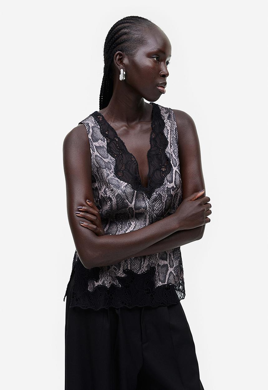 H&M - Lace-detail satin top - brown snakeskin patterned 