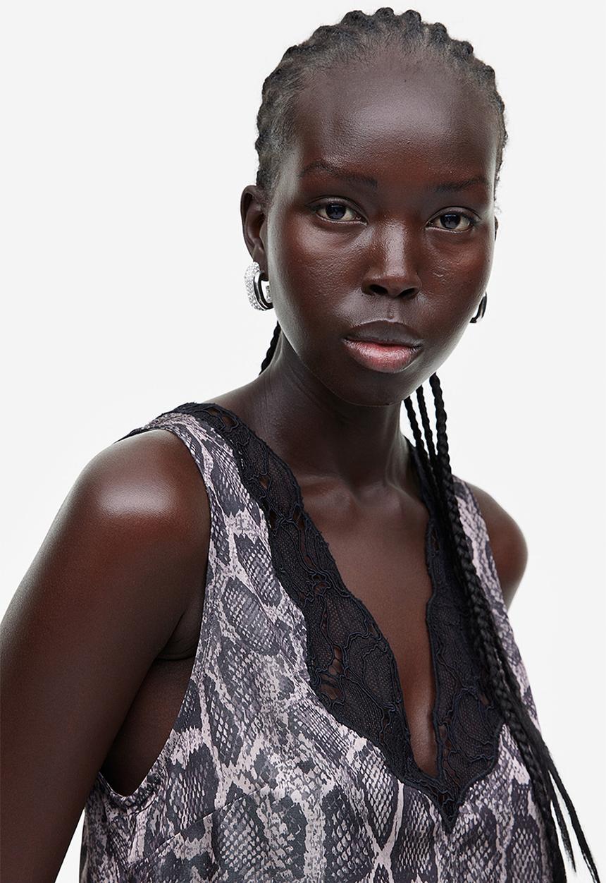 H&M - Lace-detail satin top - brown snakeskin patterned 