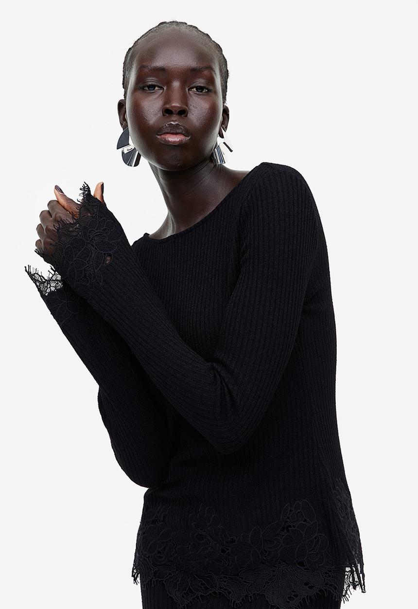 H&M - Lace-trimmed ribbed top - black