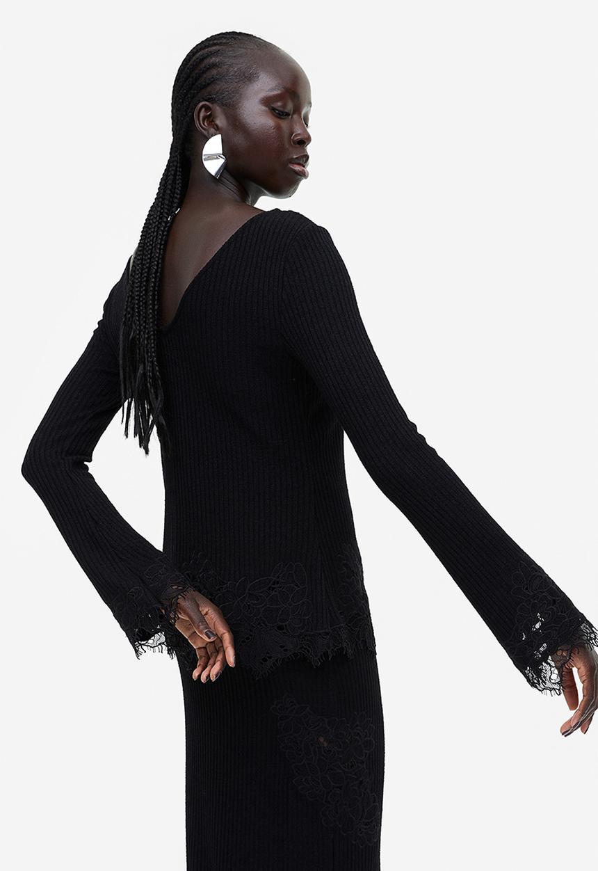 H&M - Lace-trimmed ribbed top - black