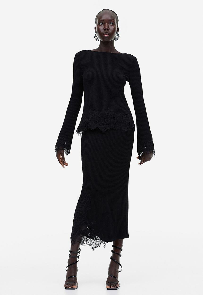 H&M - Lace-trimmed ribbed top - black