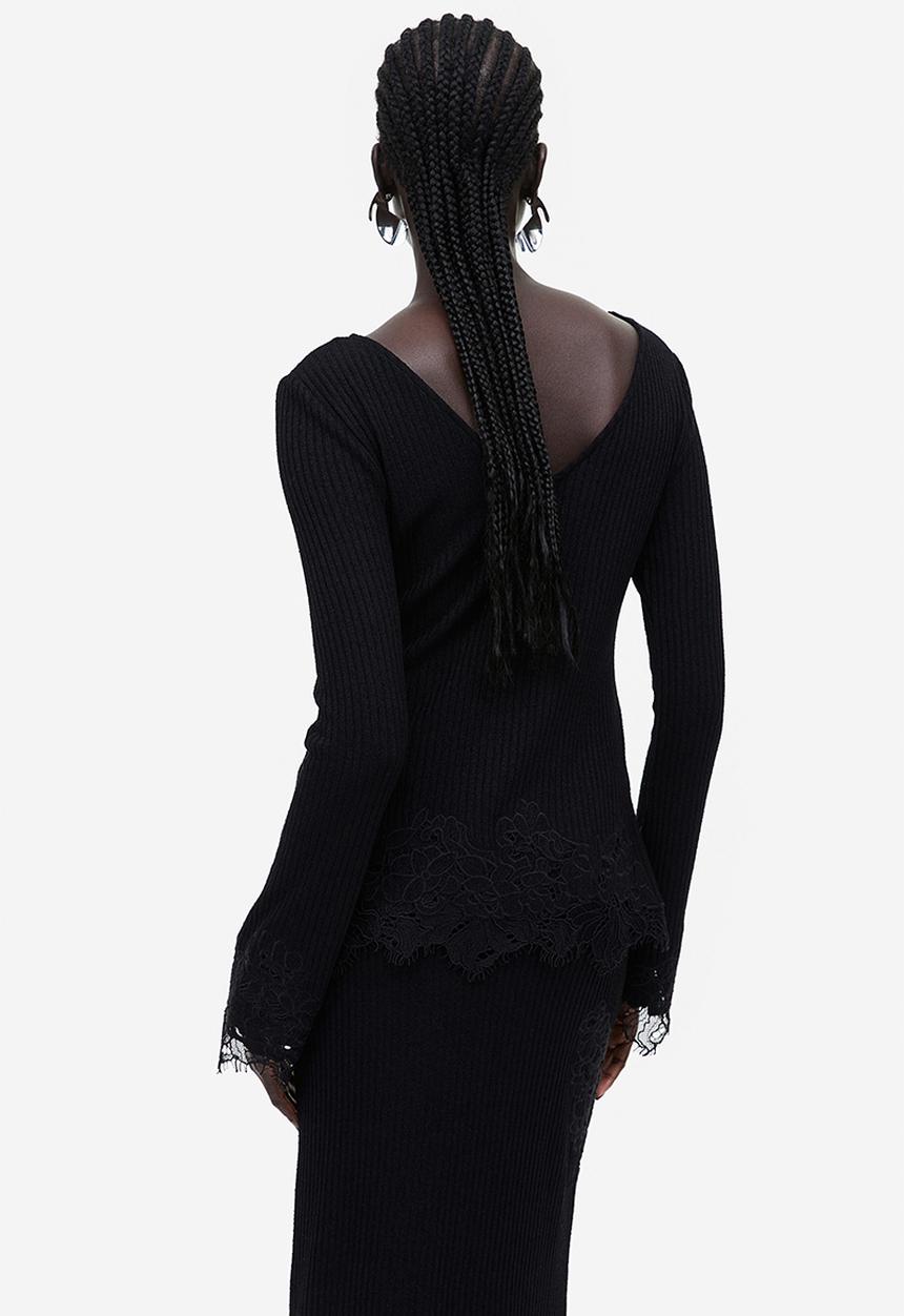H&M - Lace-trimmed ribbed top - black