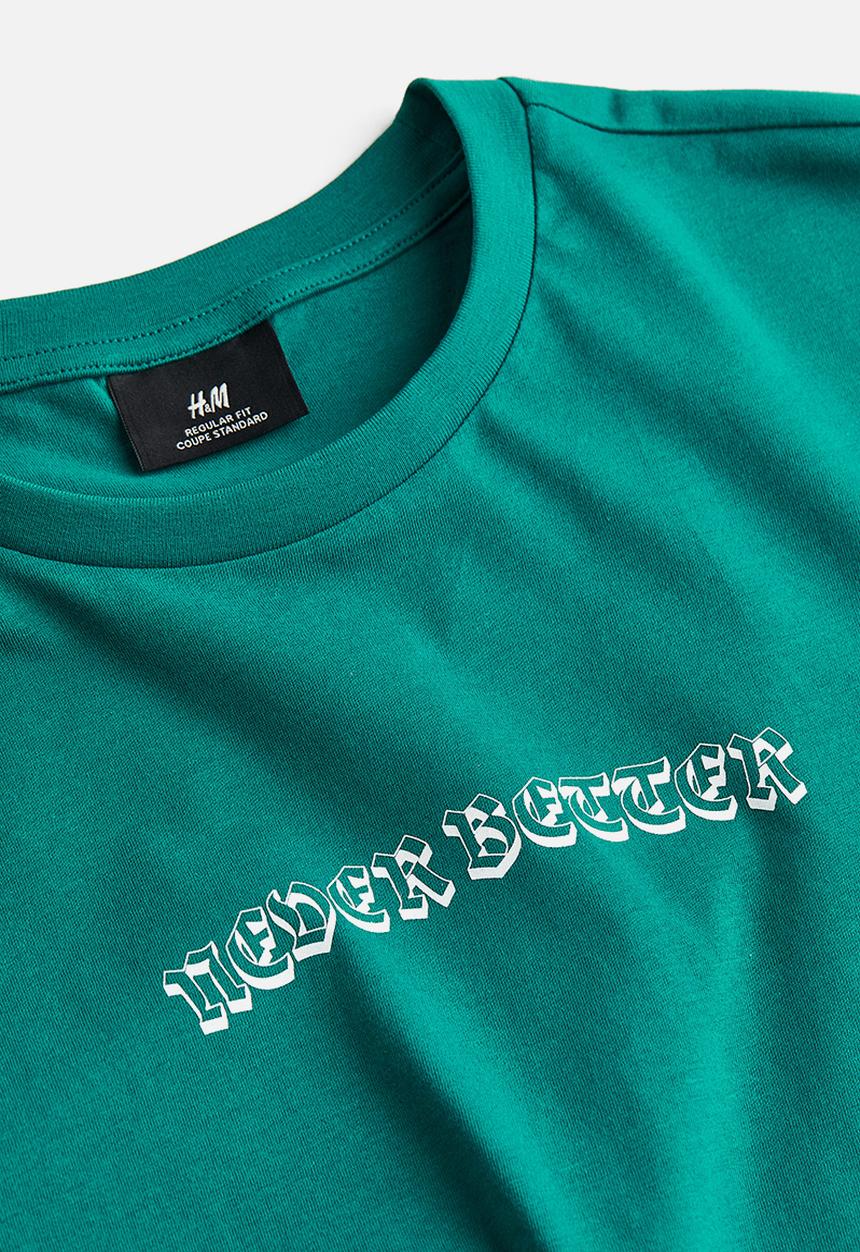 H&M - Regular fit printed t-shirt - dark turquoise never better 