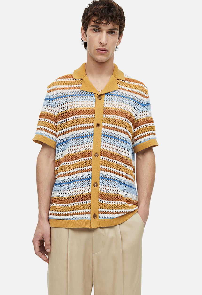 H&M - Regular fit crochet-look resort shirt - beige/striped