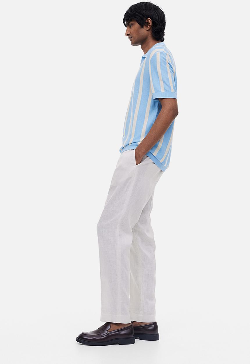 H&M - Regular fit fine-knit cotton polo shirt - light blue/striped