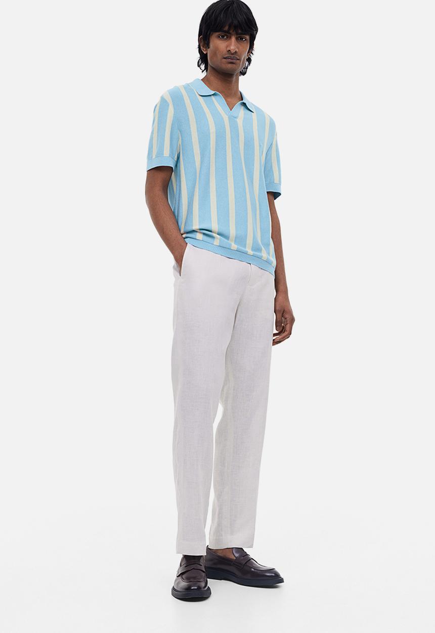 H&M - Regular fit fine-knit cotton polo shirt - light blue/striped