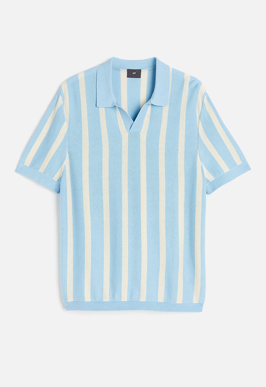 H&M - Regular fit fine-knit cotton polo shirt - light blue/striped