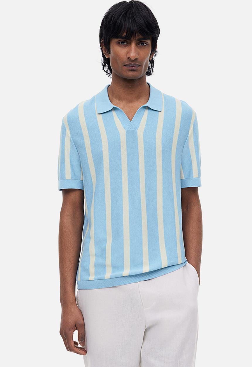 H&M - Regular fit fine-knit cotton polo shirt - light blue/striped