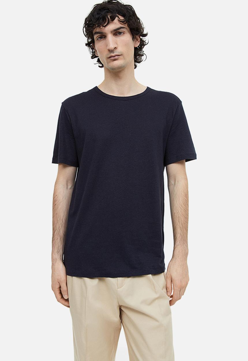 H&M - Regular fit linen-blend t-shirt - navy blue