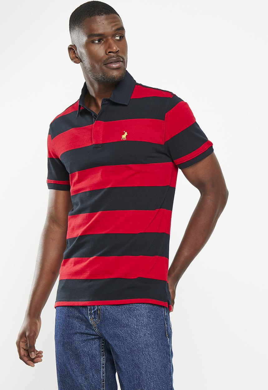 POLO - Mens stripe short sleeve golfer - red & navy