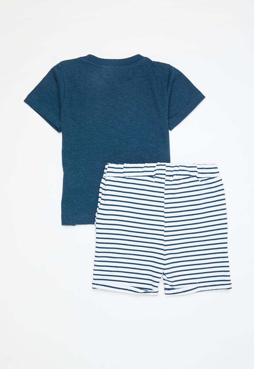 MINOTI - 2pc slub t-shirt & fleece short set - blue